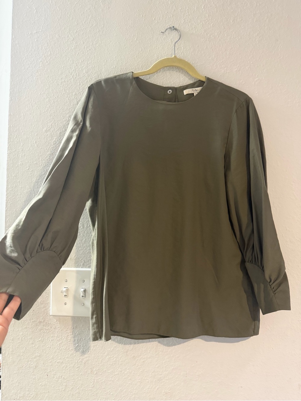 Tibi Olive Round-Neck Long Sleeve Blouse